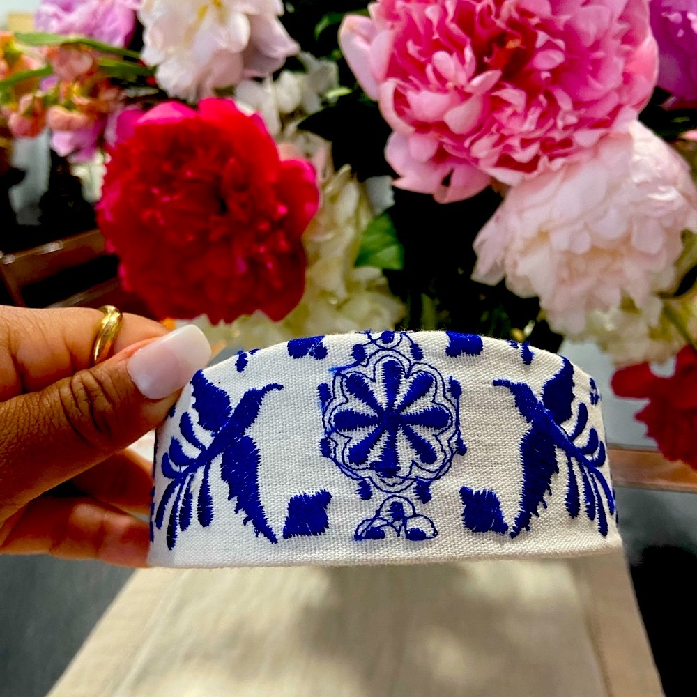 Hand Embroidered Mexican Artisinal Floral Blue and White Headband from Cholula
